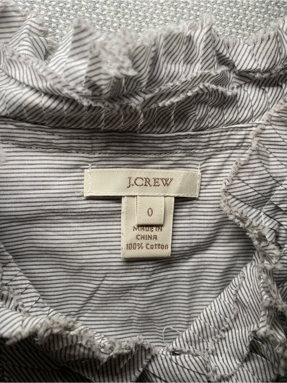 J Crew Pinstripe Cotton Ruffle Front Tuxedo Blouse Button Down Shirt Size 0